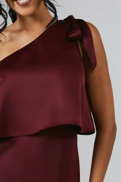 Tie One Shoulder Satin Bridesmaid Maxi Dress