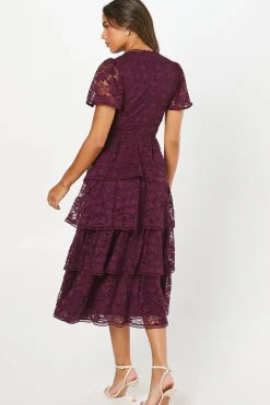 Tiered Lace Dress With Flutter Sleeve & Trims