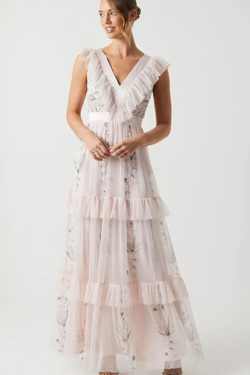 Tiered Mesh Bridesmaid Dress With Embellishment