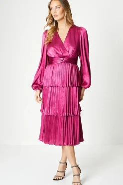 Tiered Pleated Skirt Satin Midi Dress With Long Sleeve