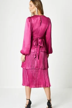 Tiered Pleated Skirt Satin Midi Dress With Long Sleeve