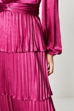 Tiered Pleated Skirt Satin Midi Dress With Long Sleeve