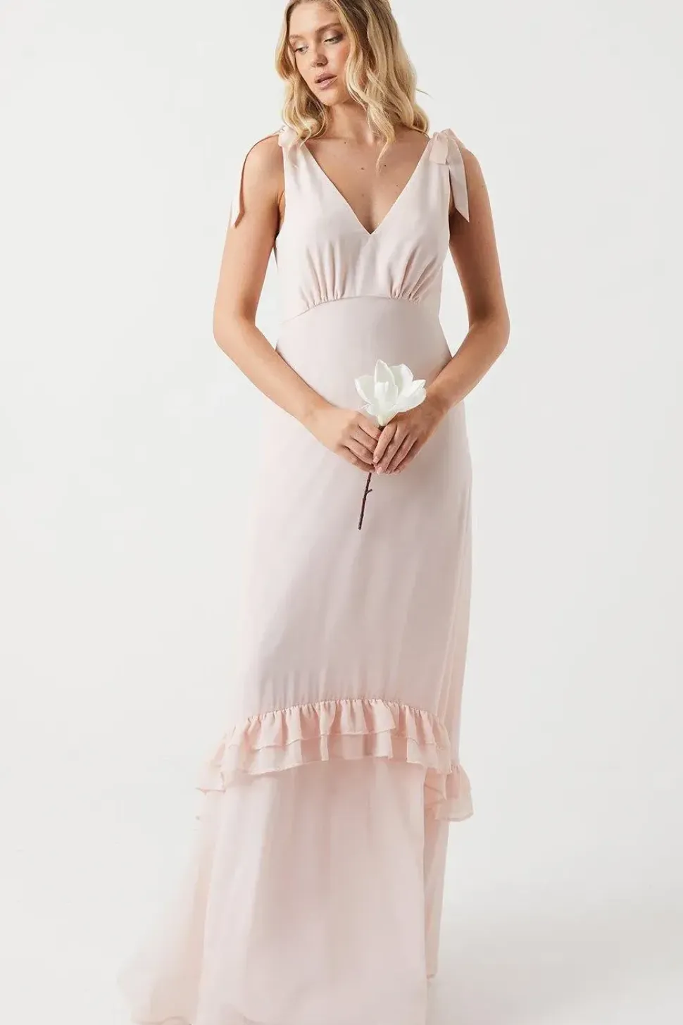 Tie Shoulder Chiffon Maxi Bridesmaids Dress