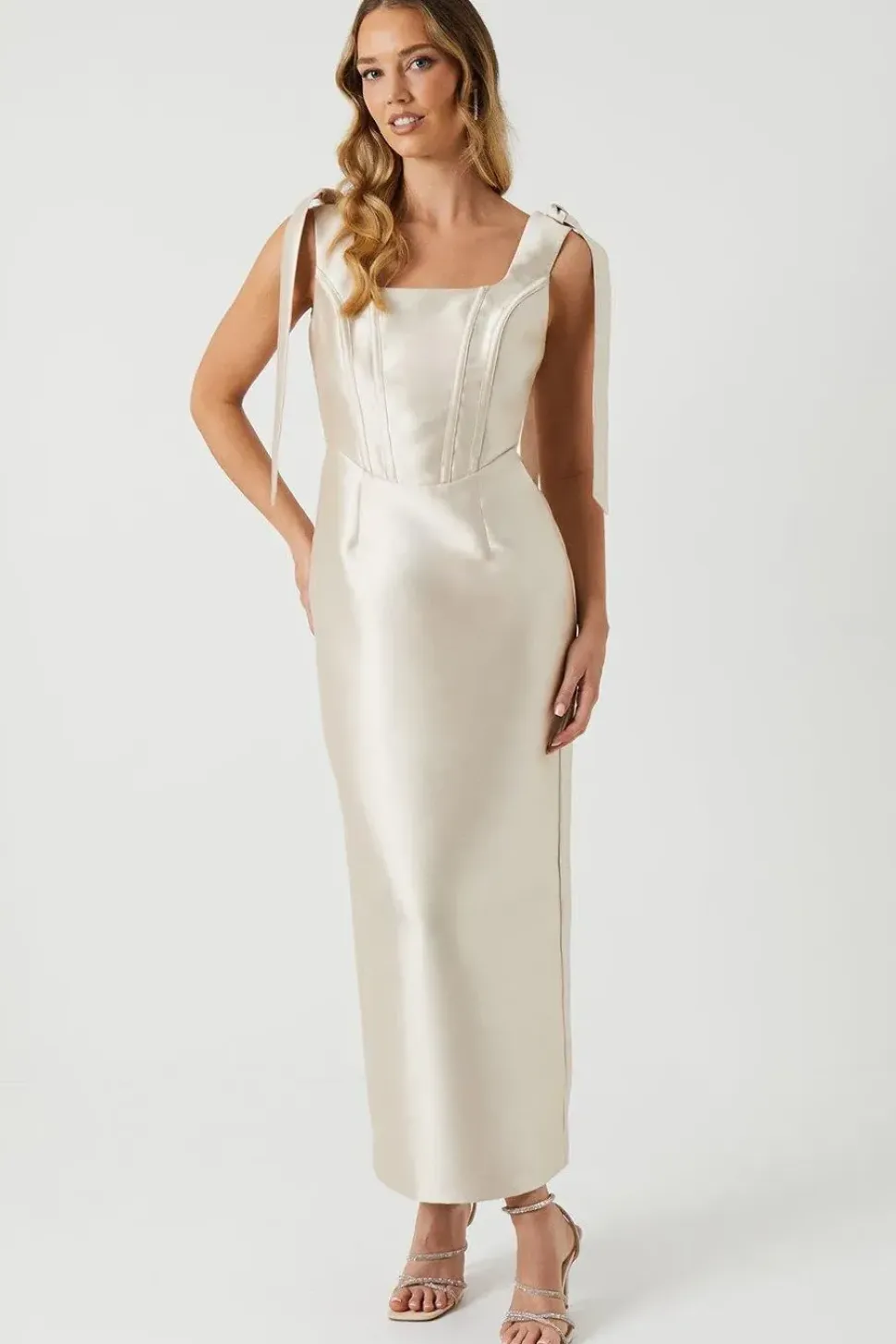 Tie Shoulder Corseted Satin Column Bridesmaid Dress