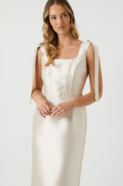 Tie Shoulder Corseted Satin Column Bridesmaid Dress