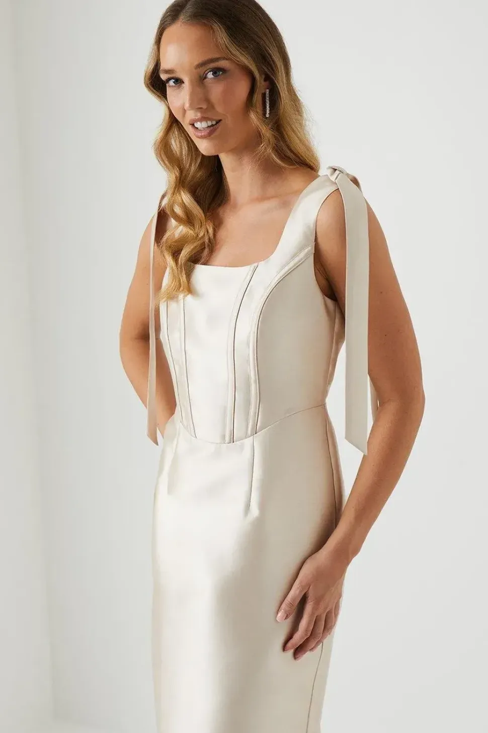 Tie Shoulder Corseted Satin Column Bridesmaid Dress