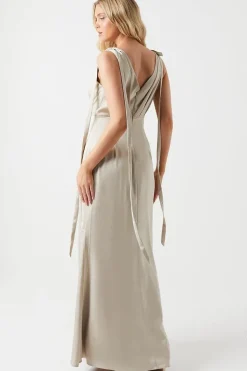 Tie Shoulder Ruched Skirt Satin Bridesmaid Maxi Dress