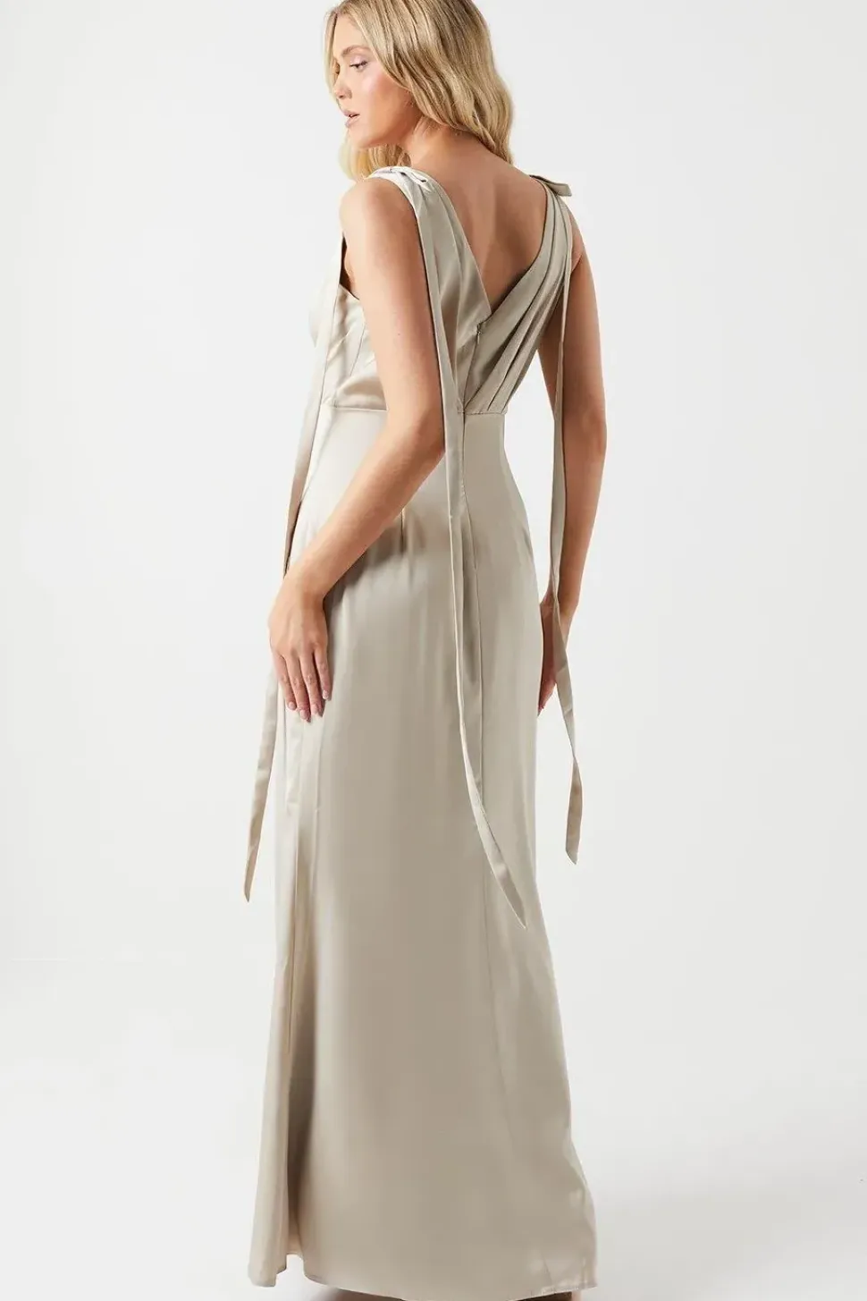 Tie Shoulder Ruched Skirt Satin Bridesmaid Maxi Dress