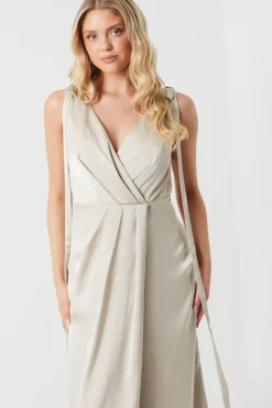 Tie Shoulder Ruched Skirt Satin Bridesmaid Maxi Dress