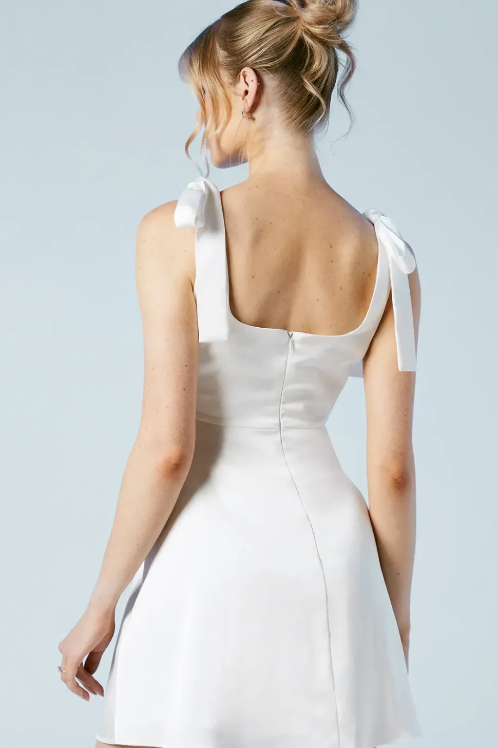 Tie Shoulder Satin Bridal Mini Dress