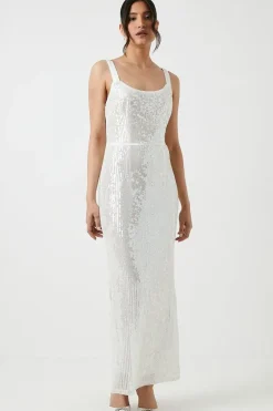 Tie Shoulder Sheer Sequin Column Wedding Dress