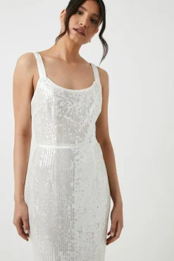 Tie Shoulder Sheer Sequin Column Wedding Dress