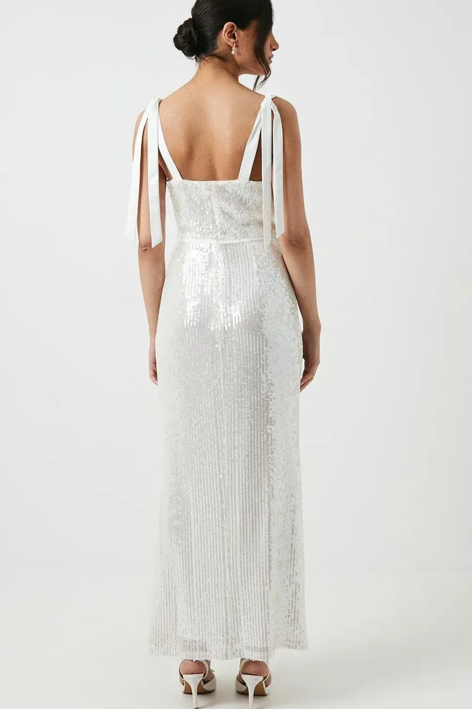 Tie Shoulder Sheer Sequin Column Wedding Dress