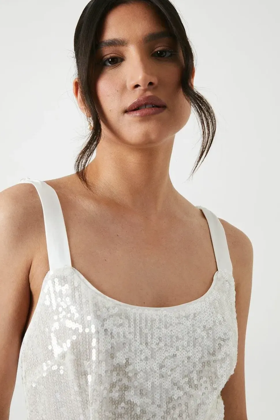 Tie Shoulder Sheer Sequin Column Wedding Dress