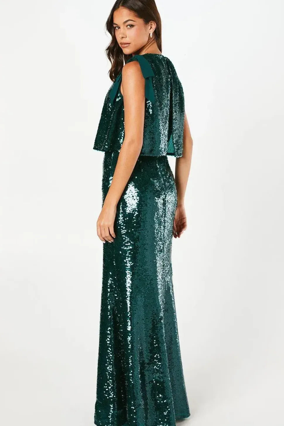 Tie Shoulder Stretch Sequin Maxi Dress