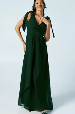 Tie Shoulder Waterfall Wrap Chiffon Bridesmaids Maxi Dress
