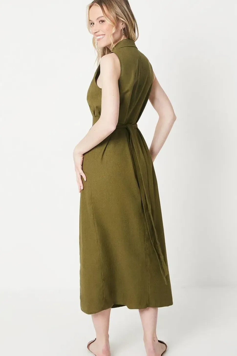 Tie Waist Sleeveless Shirt Midi Dress