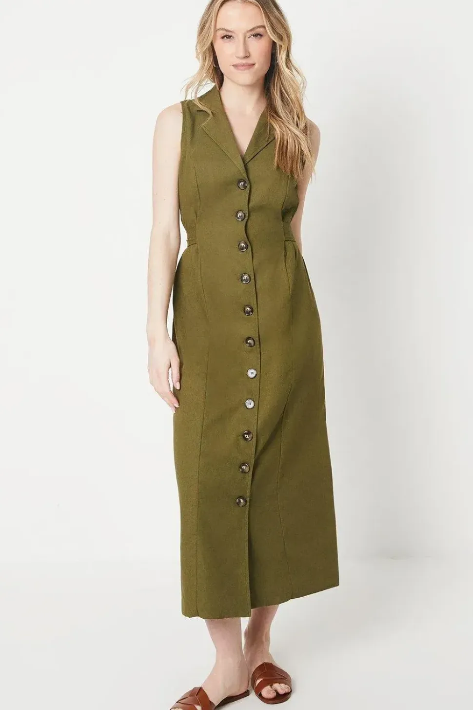 Tie Waist Sleeveless Shirt Midi Dress
