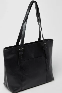 Tina Faux Leather Buckle Detail Top Zip Tote Bags