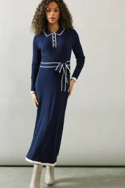 Tipped Belted Knitted Midi Dress