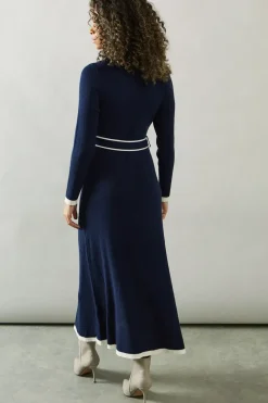 Tipped Belted Knitted Midi Dress