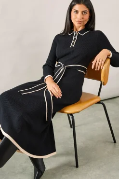 Tipped Belted Knitted Midi Dress
