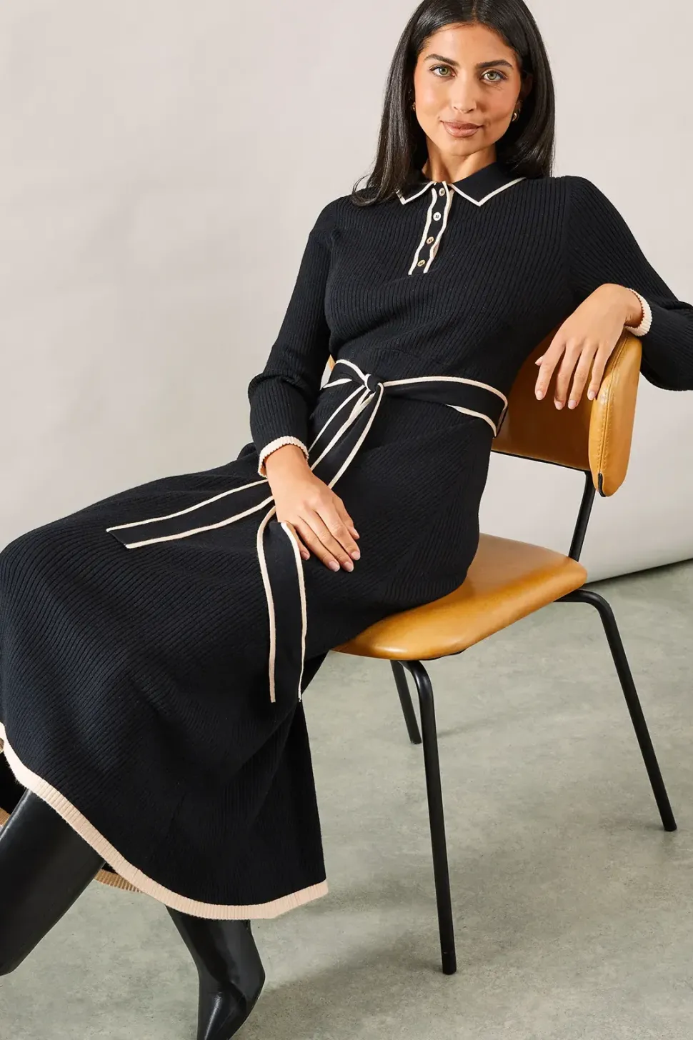 Tipped Belted Knitted Midi Dress