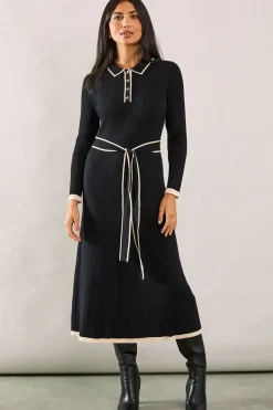 Tipped Belted Knitted Midi Dress
