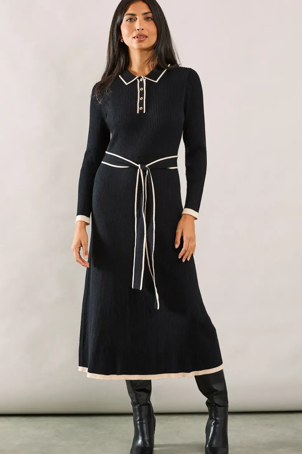Tipped Belted Knitted Midi Dress