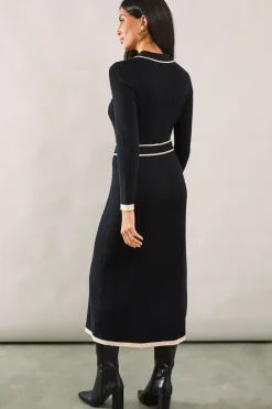 Tipped Belted Knitted Midi Dress