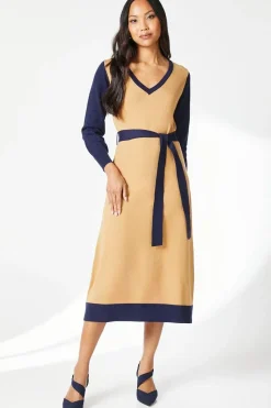 Tipped Belted Knitted Midi Dress