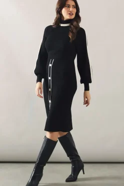 Tipped Button Skirt Roll Neck Midi Dress