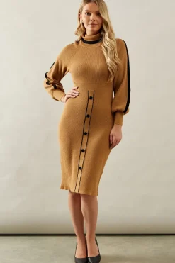 Tipped Button Skirt Roll Neck Midi Jumper Dress