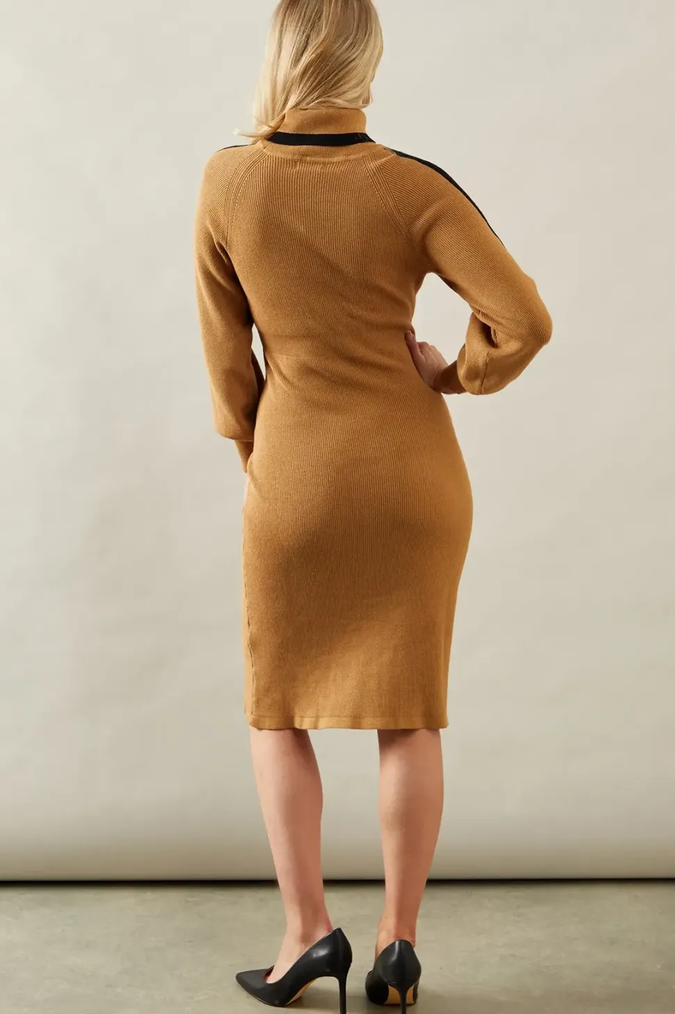 Tipped Button Skirt Roll Neck Midi Jumper Dress