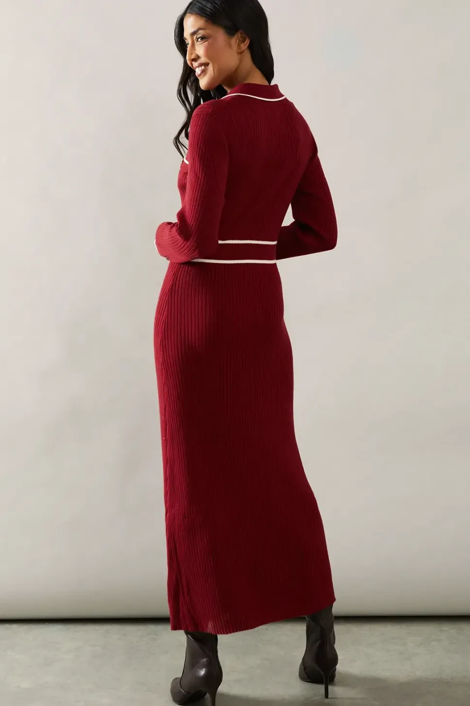 Tipped Collared Button Down Knitted Midi Dress