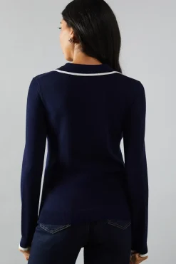 Tipped collared fine gauge knitted top