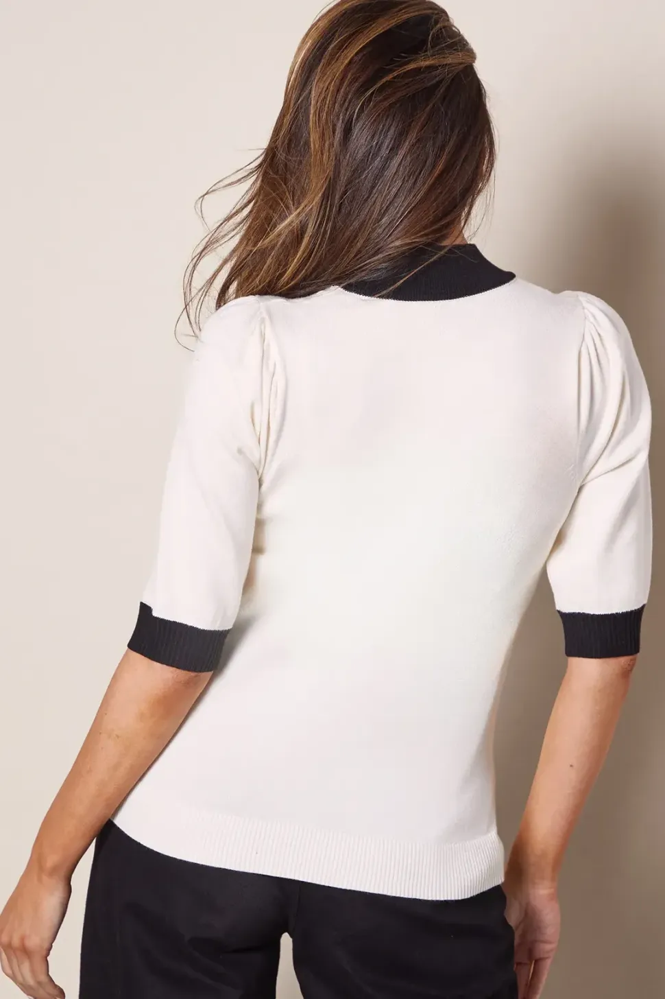 Tipped Puff Sleeve Knitted Top