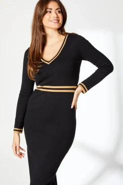 Tipped V Neck Knitted Midi Dress