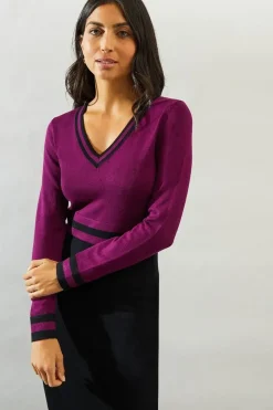 Tipped V Neck Knitted Midi Dress