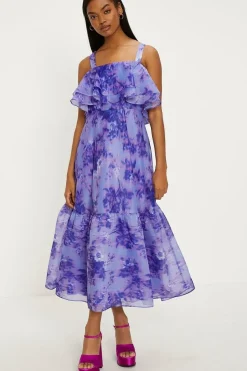 Tonal Blurred Floral Ruffle Organza Midi Dress