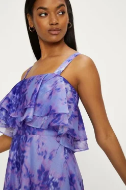 Tonal Blurred Floral Ruffle Organza Midi Dress