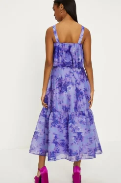 Tonal Blurred Floral Ruffle Organza Midi Dress