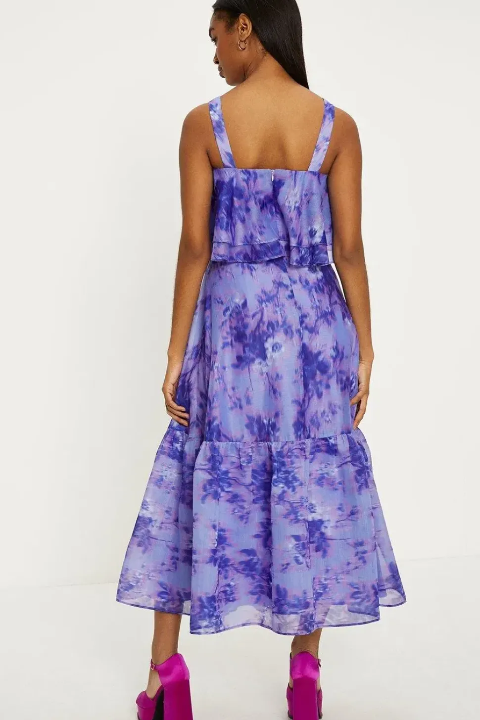 Tonal Blurred Floral Ruffle Organza Midi Dress