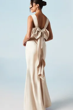 Trailing Bow Back Satin Bridesmaids Dress