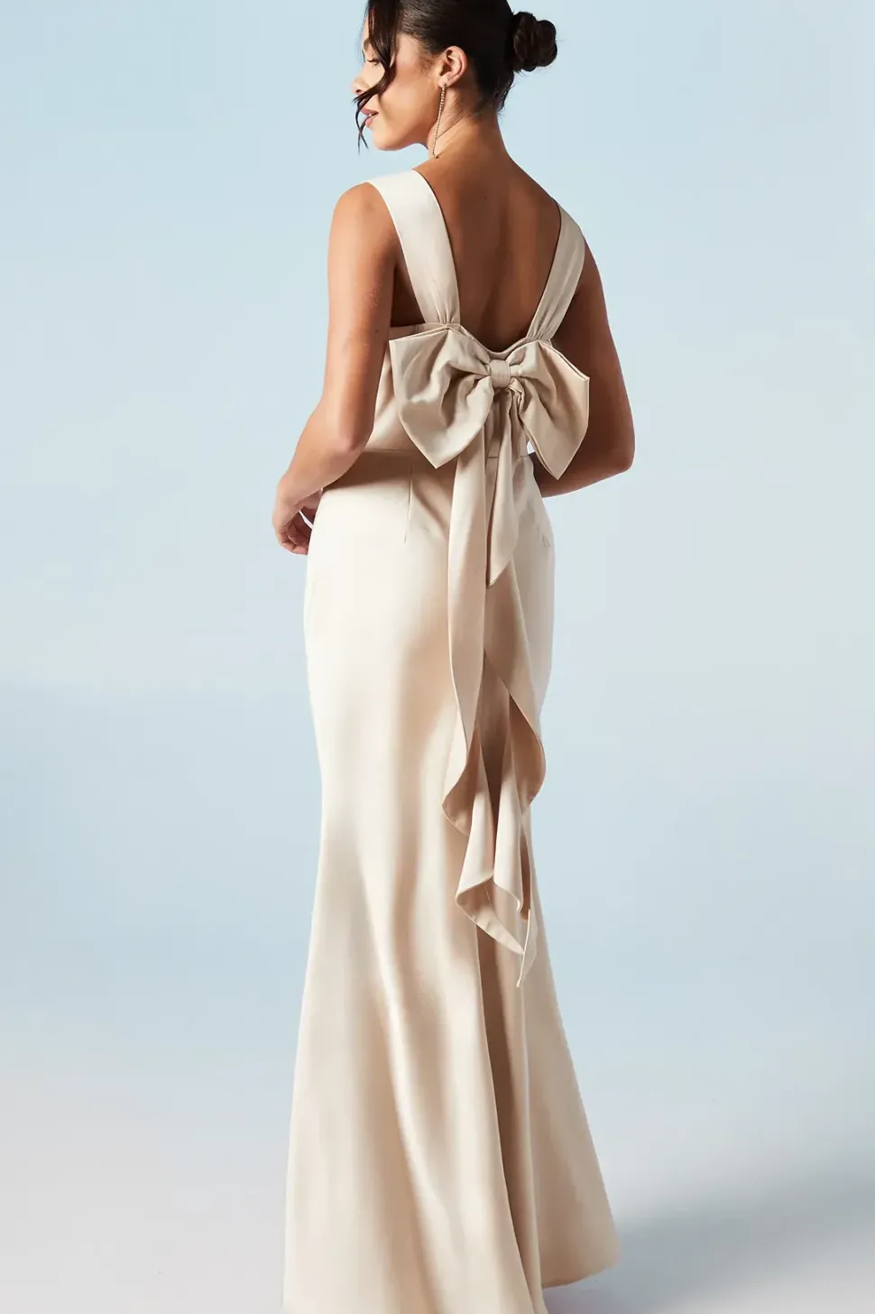Trailing Bow Back Satin Bridesmaids Dress