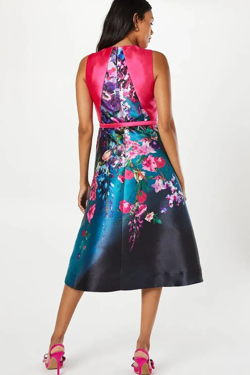Trailing Floral Overlay Bodice Satin Twill Midi Dress