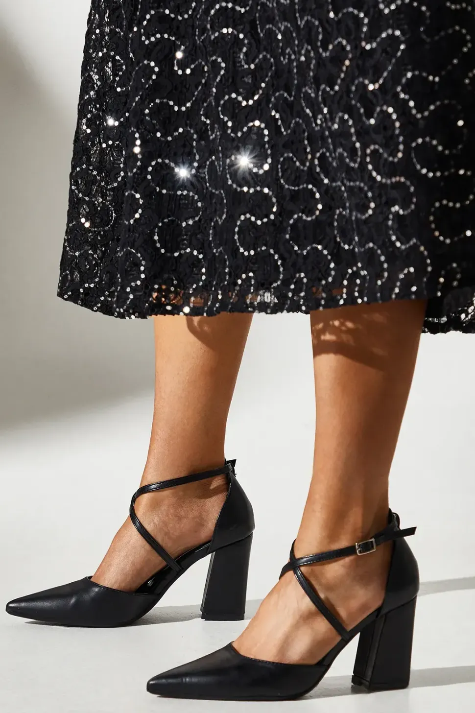 Treat Cross Strap Pointed Block Heel Court Shoes