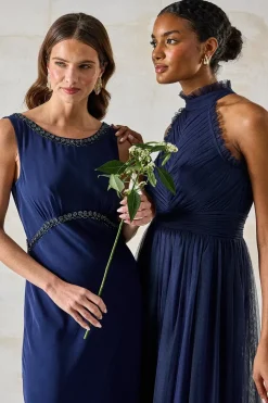 Trim Detail V Back Sleeveless Bridesmaids Dress