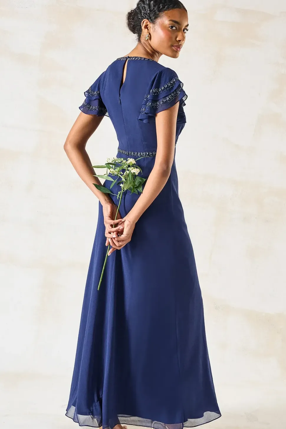 Trim Detail V Neck Flutter Sleeve Bridesmaids Dress