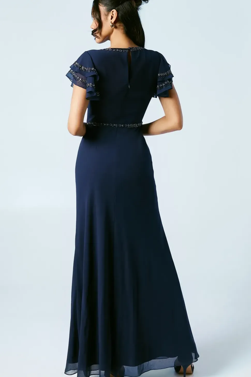 Trim Detail V Neck Flutter Sleeve Bridesmaids Dress